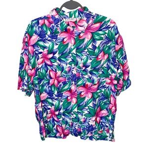 VTG IZOD Tropical Floral Short Sleeve Button Up 100% Rayon Shirt Size Medium